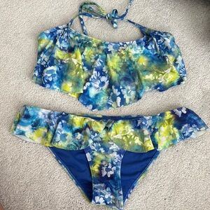 BP Floral Ruffle Bikini Set - Blue and Yellow